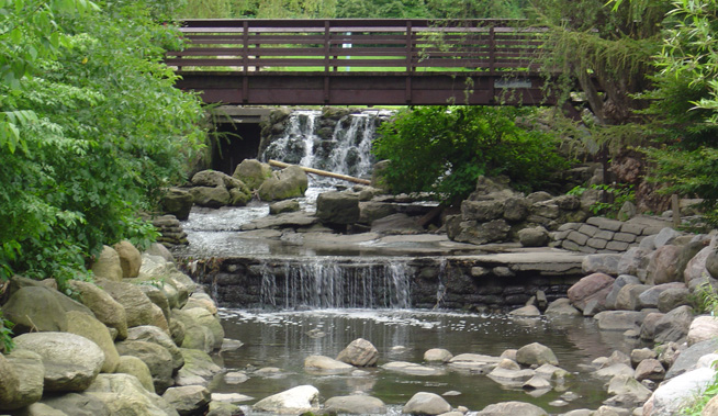 creek and waterfall at edwards gardens in toronto's botanical garden 